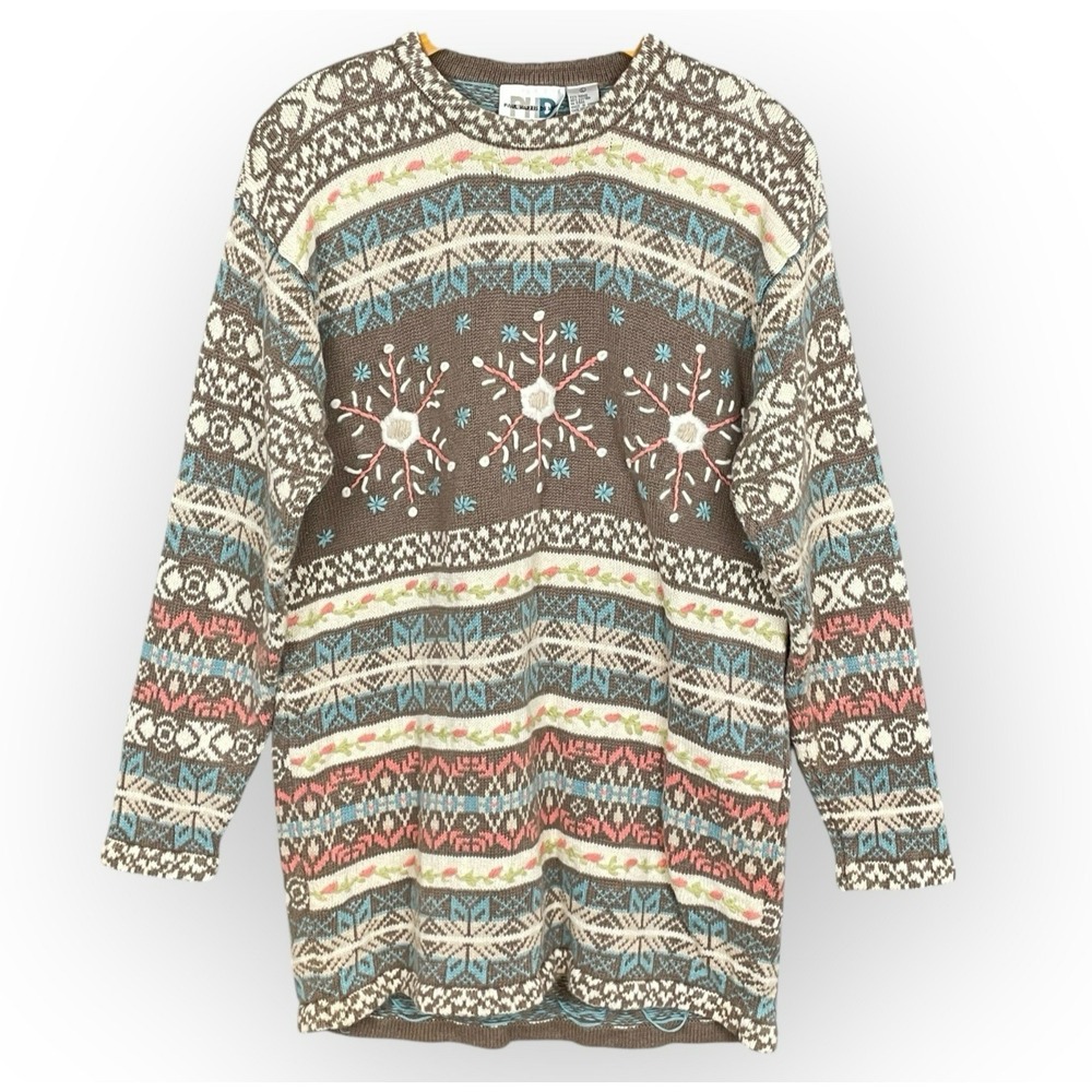 VTG Fair Isle Snowflake Embroidered Longline Sweater Womens L 90s Nordic Ski